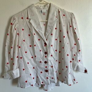 Vintage White and Red Heart Blouse Button Up Top L